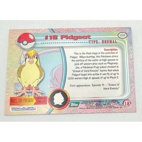 Pidgeot Pokemon Card Topps #18 TV Animation Edition Series Green Logo - Picture 2 of 5